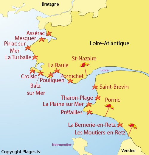 Map of seaside resorts and beaches in Loire Atlantique in France