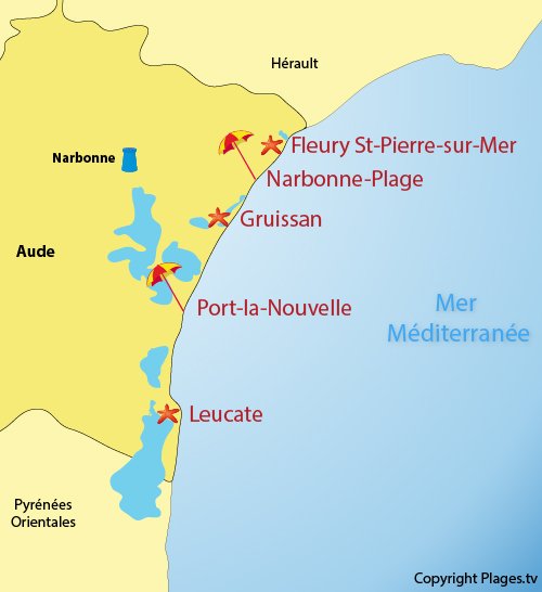 Map of resorts and beaches in Aude department in France