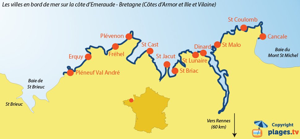 Carte des stations en bord de mer sur la Côte d'Emeraude - Bretagne