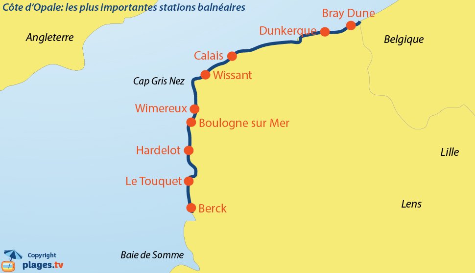 Carte des stations balnéaires de la Côte d'Opale