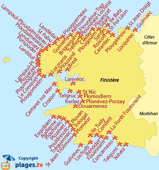 Map of seaside resort and beaches in Finistere - Brittany - France