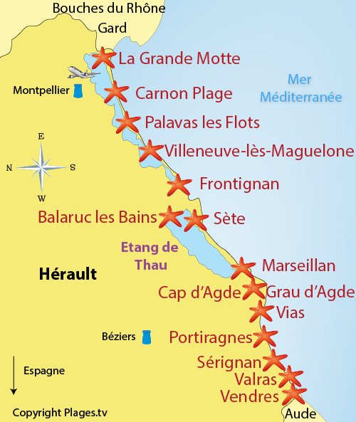 Map of the seaside resorts and beaches in Herault in France