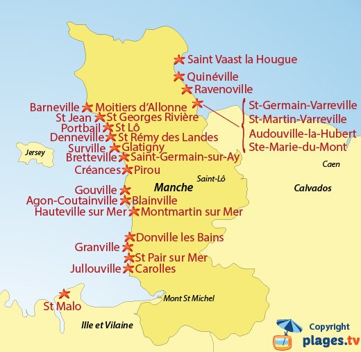 Map of beaches and seaside resorts in Manche in France - Normandy