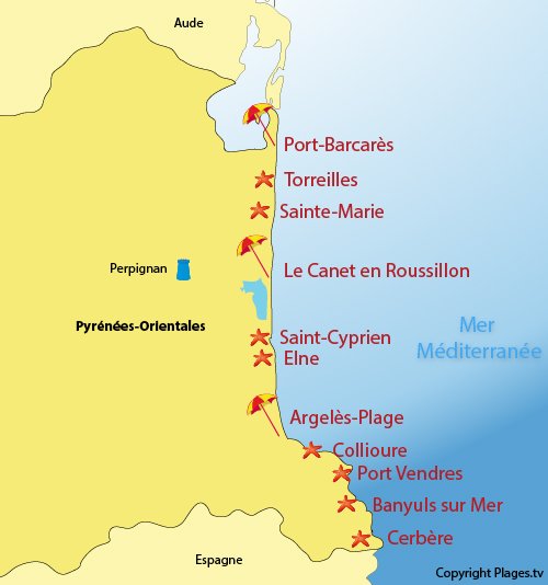 Map of seaside resorts and beaches in Pyrénées Orientales in France