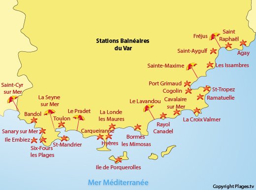 Mappa spiagge e località balneari nel dipartimento del Var - Francia