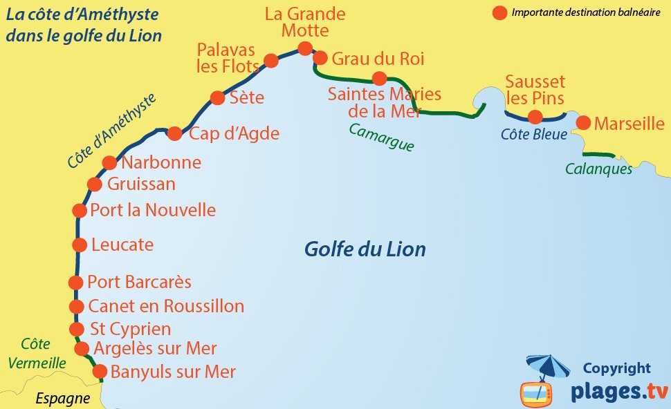 Carte du littoral du Golfe du Lion avec la Côte d'Améthyste