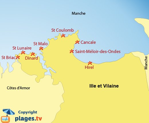 Carte des stations balnéaires et des plages de l'Ille et Vilaine en Bretagne