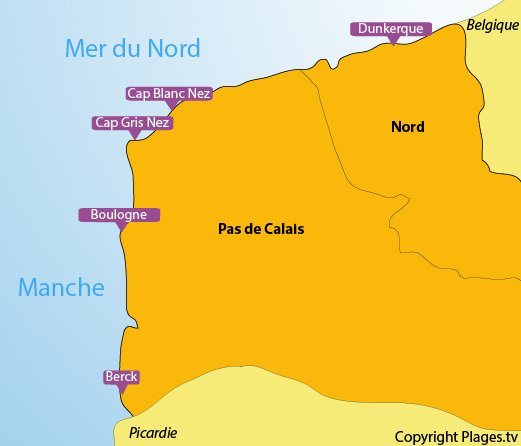 Mappa spiagge e le località balneari del Nord Pas de Calais - Francia