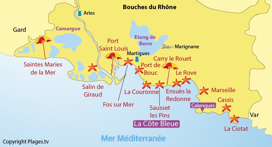 Carte des villes en bord de mer dans les Bouches du Rhône