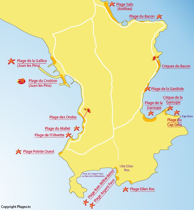 Carte des plages du Cap d'Antibes