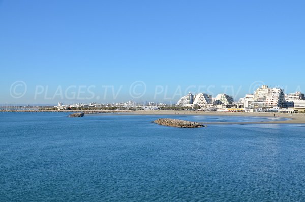 Aerial view of La Grande Motte seafront in the Zero Point district