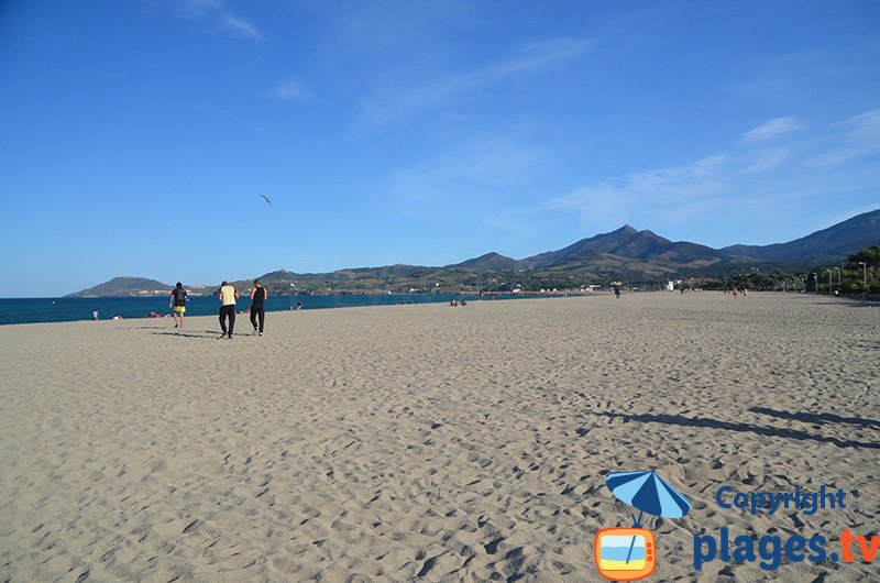 La plage dans le centre d'Argeles avec les montagnes