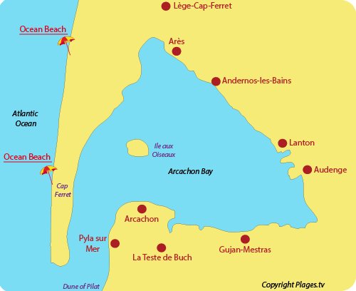 Map of seaside resorts and beaches in the Arcachon Bay