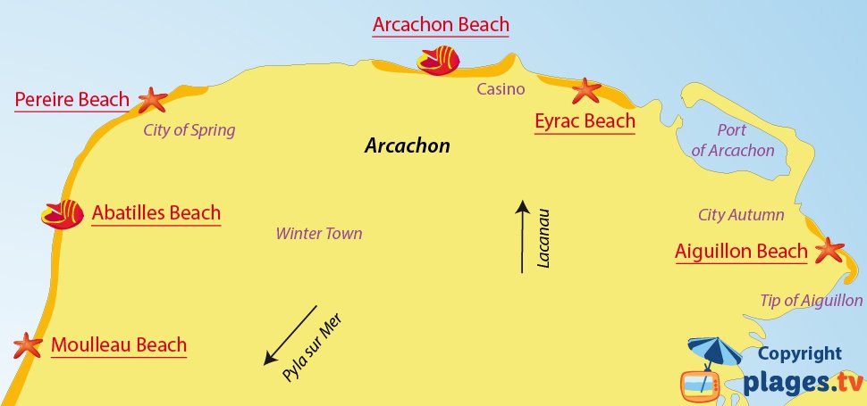 Map of Arcachon beaches in France