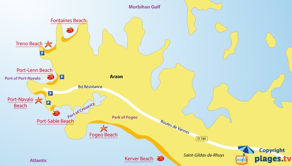 Map of Arzon beaches in Brittany - France