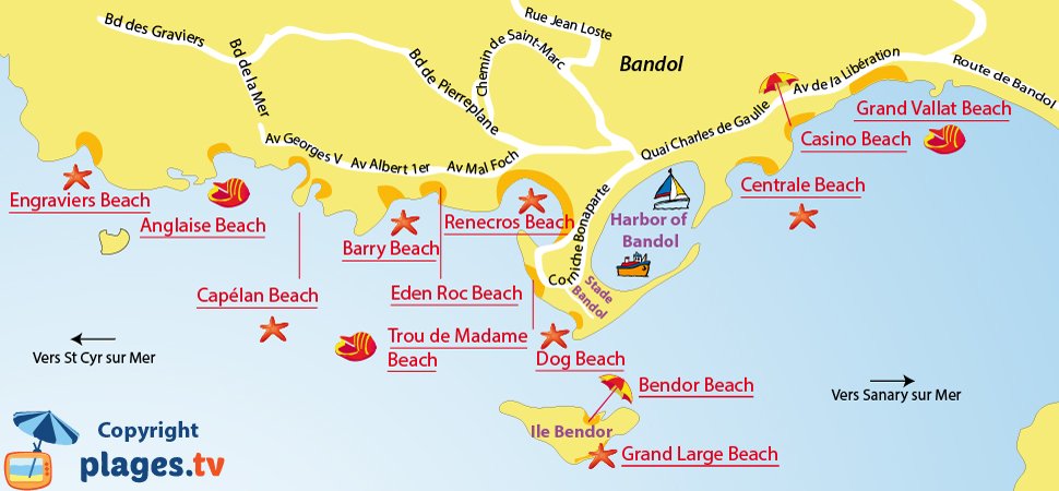 Map of the Bandol beaches in France