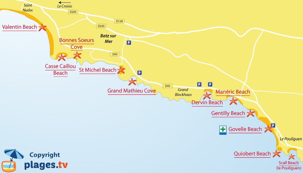 Map of Batz sur Mer beaches in France