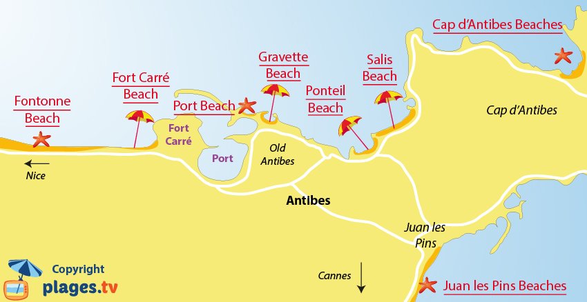 Map of Antibes beaches - France