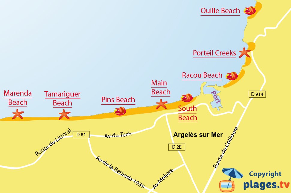 Map of Argeles sur Mer beaches in France