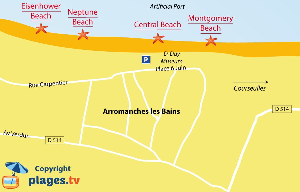 Map of Arromanches les Bains beaches in Normandy - France