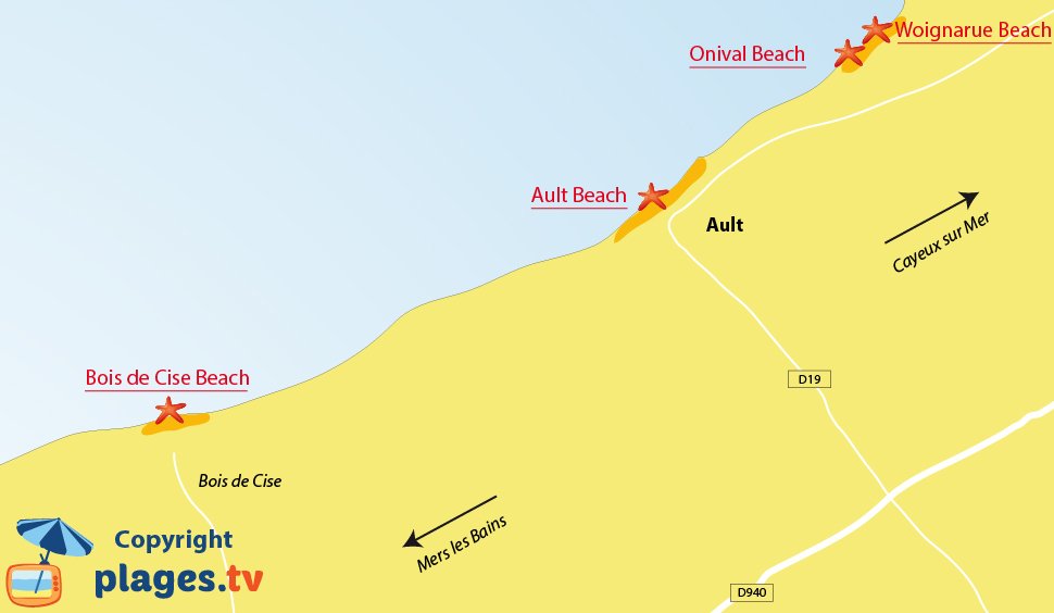 Map of Ault beaches in North of France - Picardy