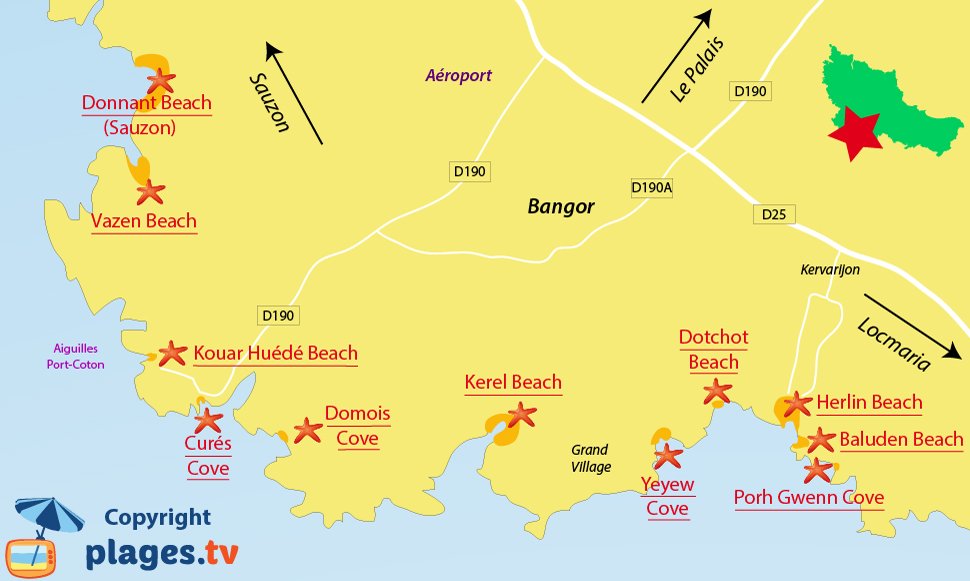 Map of Bangor beaches in Belle Ile en Mer - France