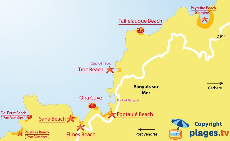 Map of Banyuls sur Mer beaches in France