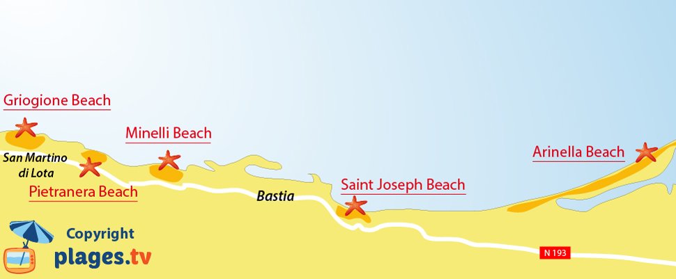 Map of the Bastia beaches in Corsica - France