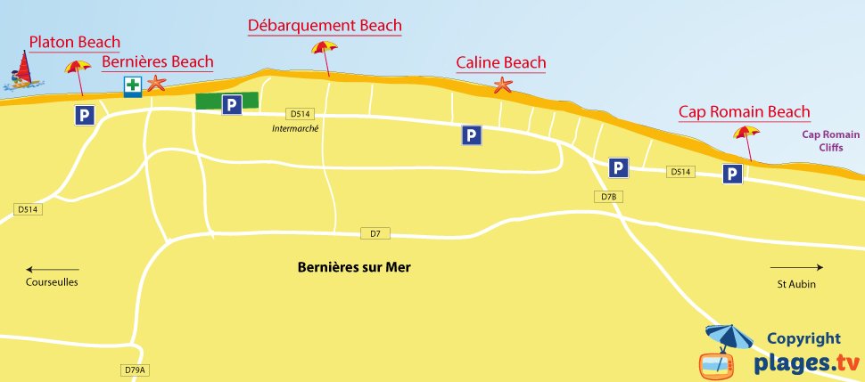 Map of Bernieres sur Mer beaches in Normandy - France