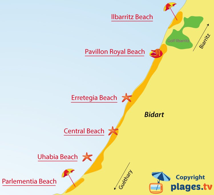 Map of Bidart beaches in France