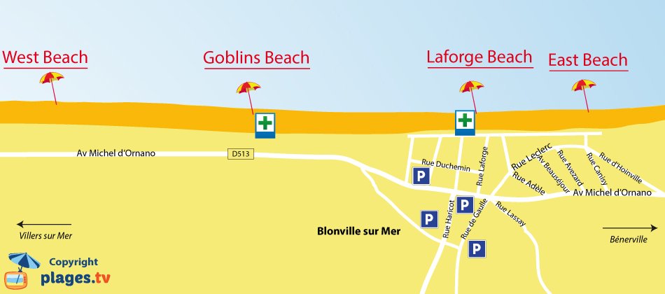 Map of Blonville sur Mer beaches in Normandy