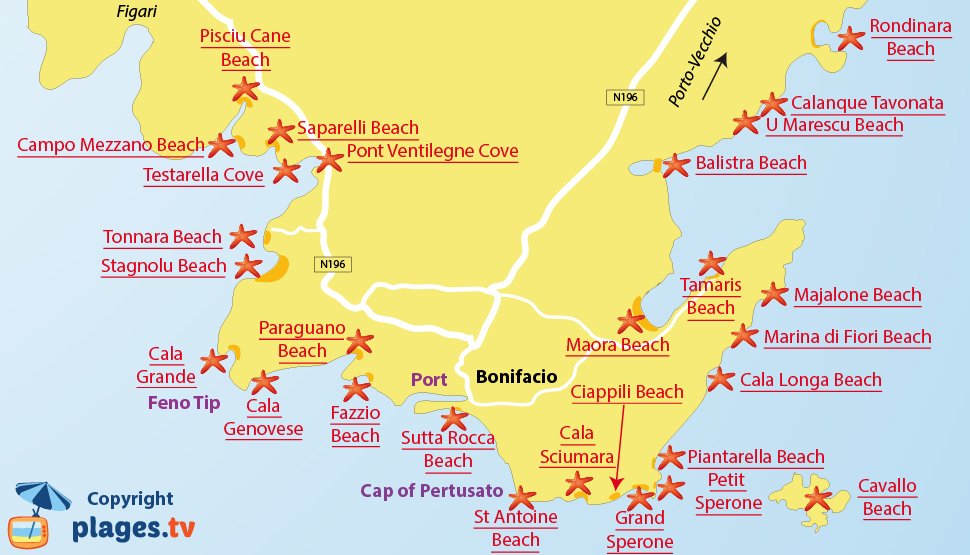 Map of Bonifacio beaches in Corsica