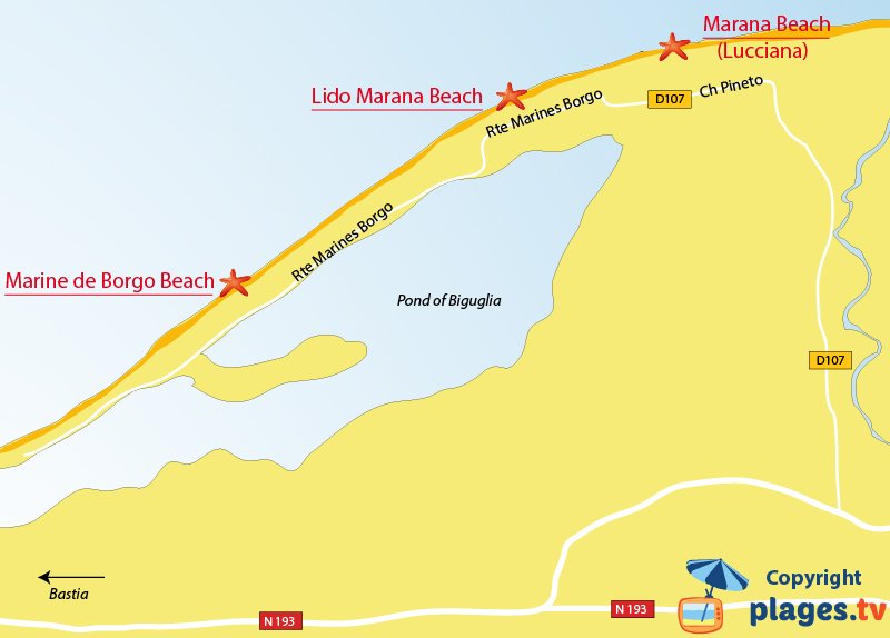 Map of Borgo beaches in Corsica