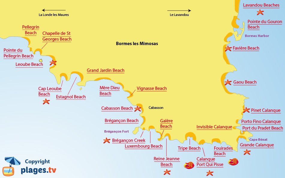 Map of the Bormes les Mimosas beaches in France