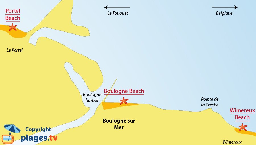 Map of the Boulogne sur Mer beaches in France