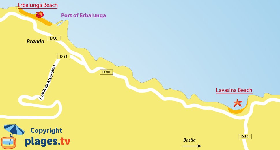 Map of Brando beaches in Corsica