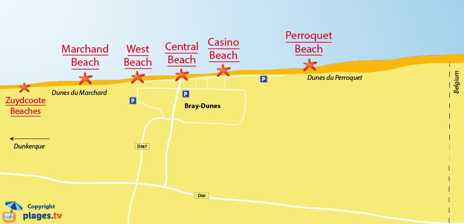 Map of the beaches in Bray-Dunes in France