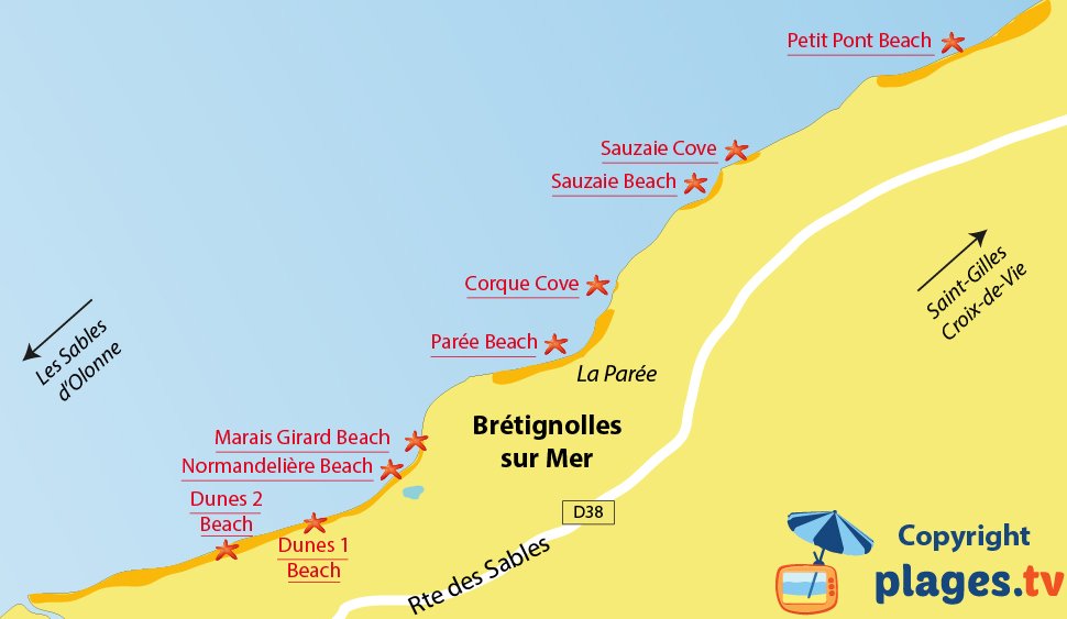 Map of Brtignolles sur Mer beaches in France