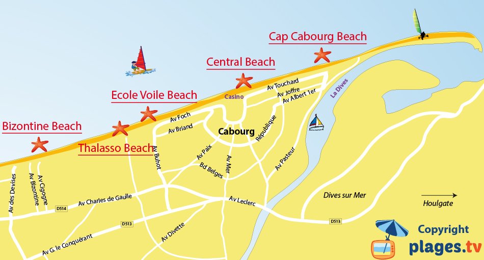 Map of Cabourg beaches in France