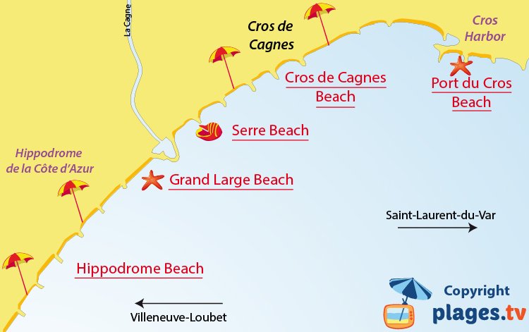 Map of Cagnes sur Mer beaches in France