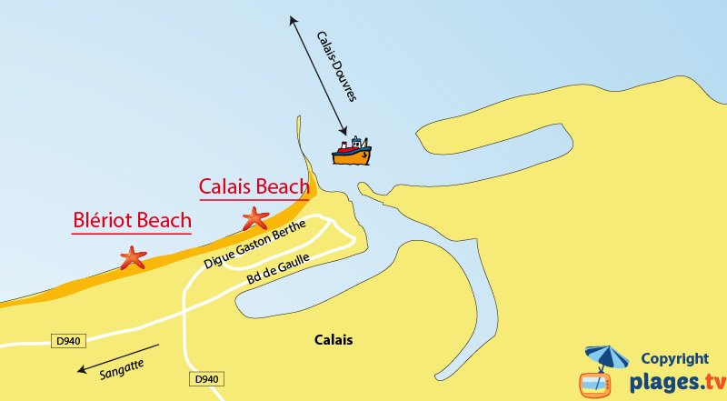 Map of the Calais beaches in France