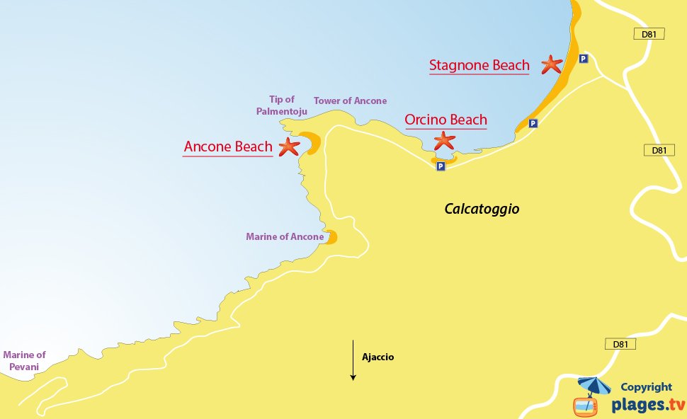 Map of Calcatoggio beaches in Corsica