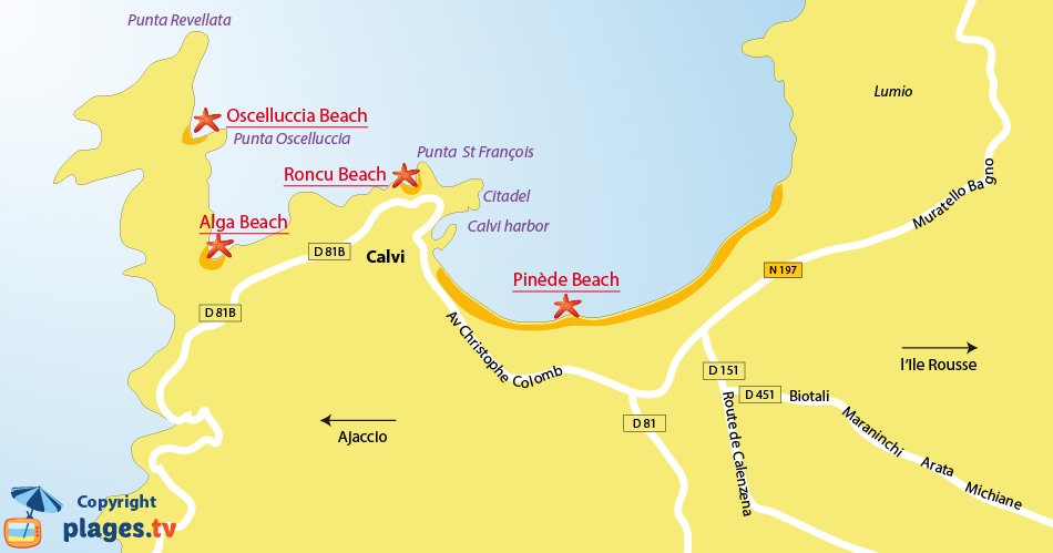 Map of the Calvi beaches in Corsica - France