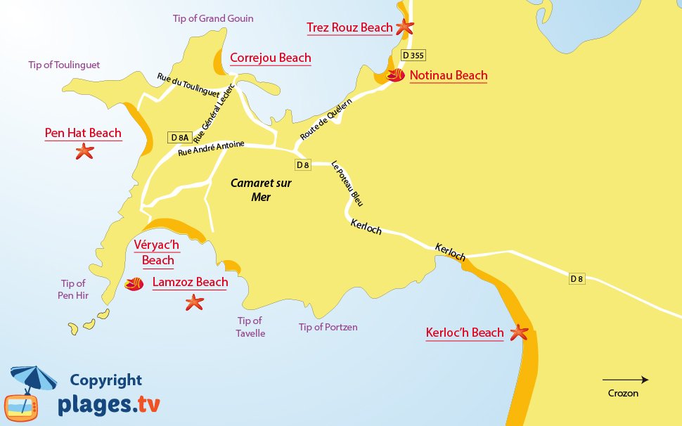 Map of the beaches in Camaret sur Mer in Brittany - France