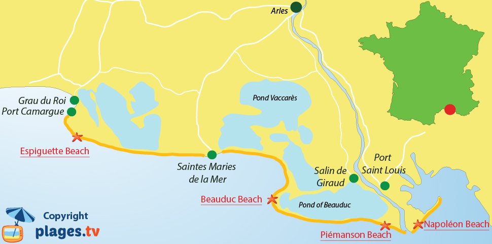 Map of Camargue beaches in France