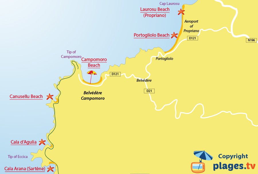 Map of Belvédère-Campomoro beaches in Corsica