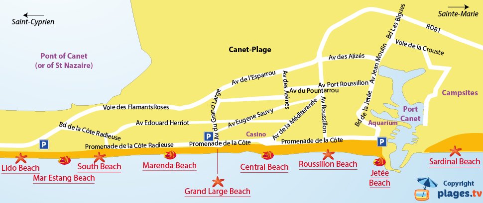 Map of Canet-en-Roussillon beaches in France