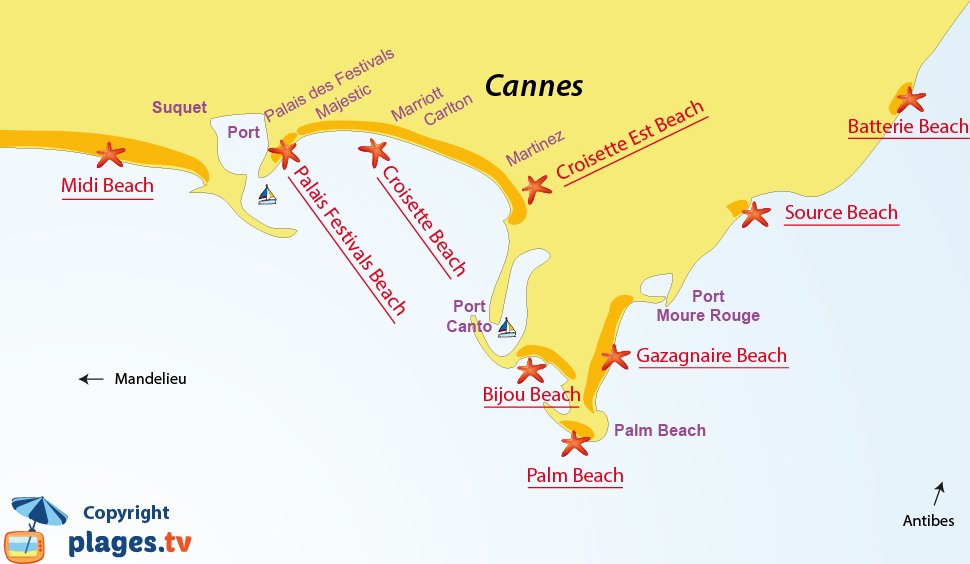 Map of the beaches in Cannes in France