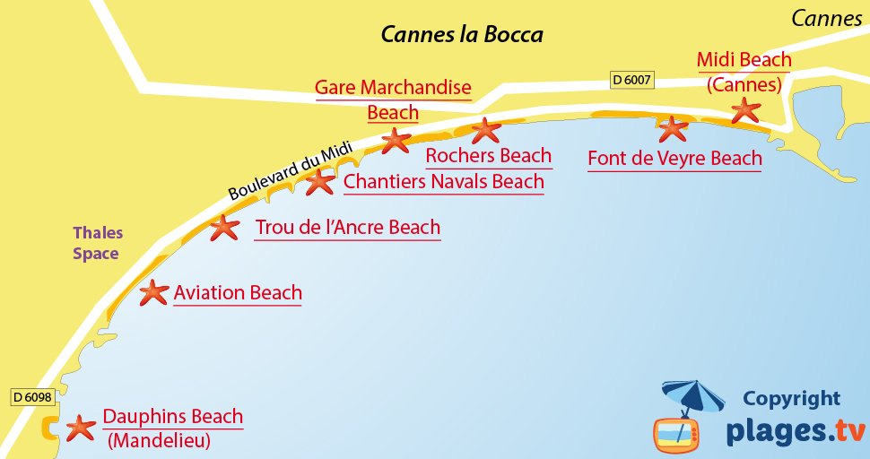 Map of Cannes la Bocca beaches in France