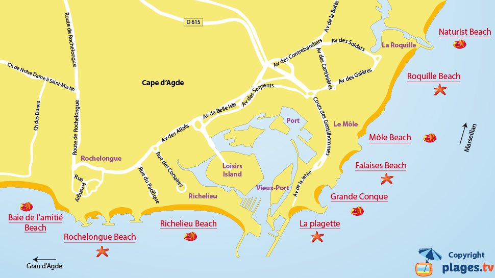 Map of Cap d'Agde beaches in France